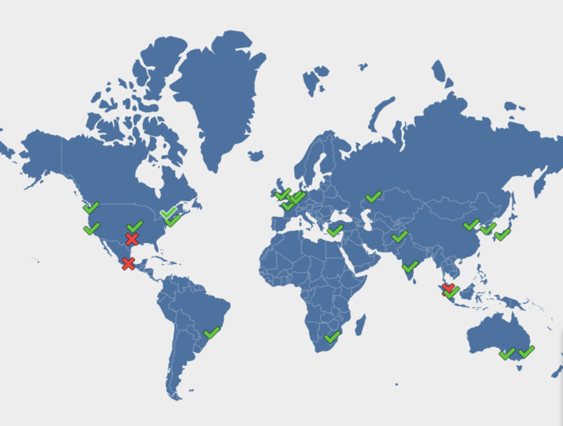 DNS Propagation map showing Dallas not set up with a big X on it