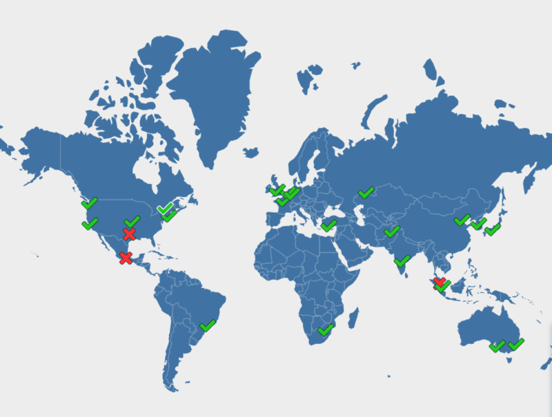 DNS Propagation map showing Dallas not set up with a big X on it