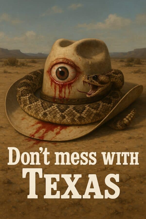 Rattlesnake wrapped around a cowboy hat with a bloody eye in the center of the hat.