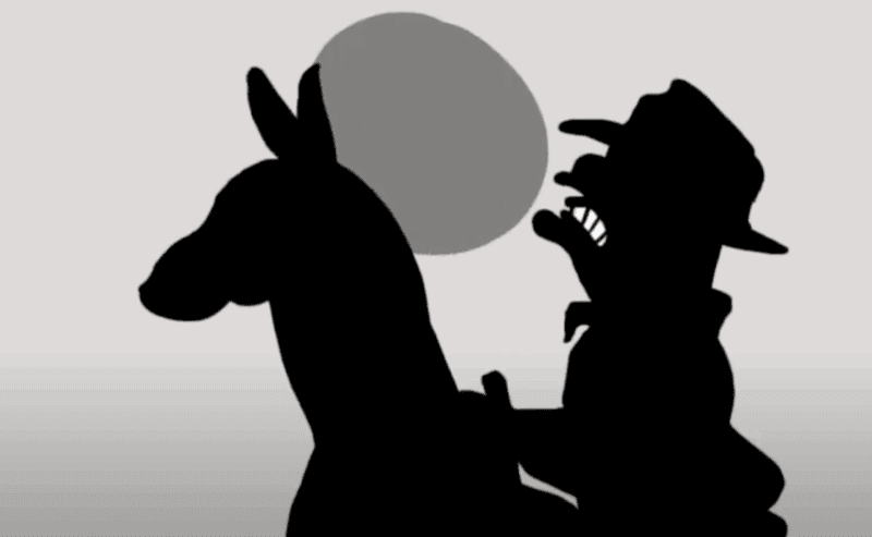 Illustration of a man in pain riding a horse.